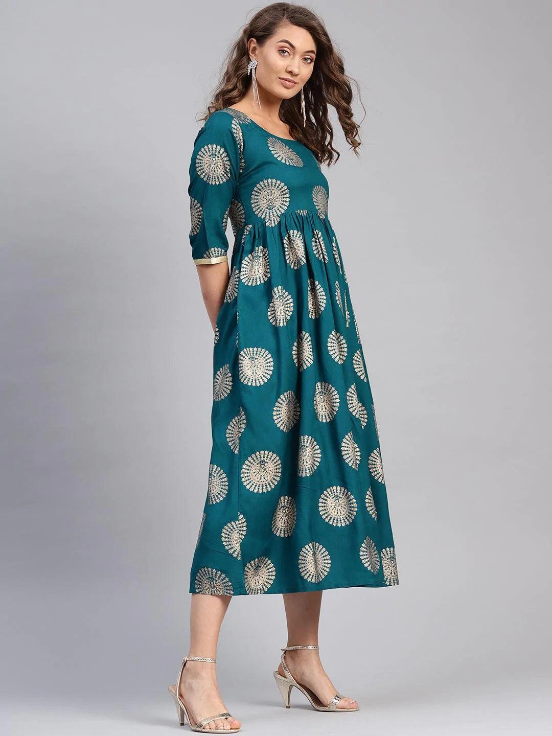 Blue Printed Rayon Dress - ShopLibas