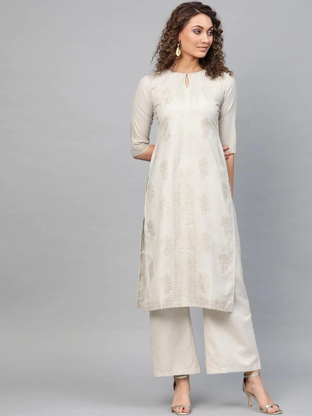 Beige Printed Cotton Kurta - ShopLibas