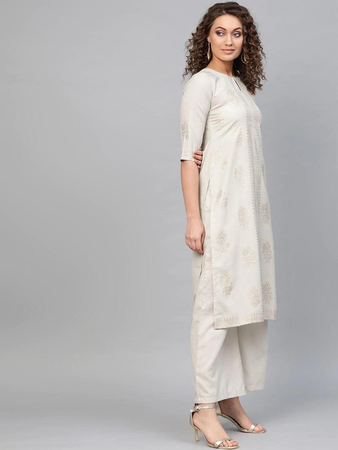 Beige Printed Cotton Kurta - ShopLibas