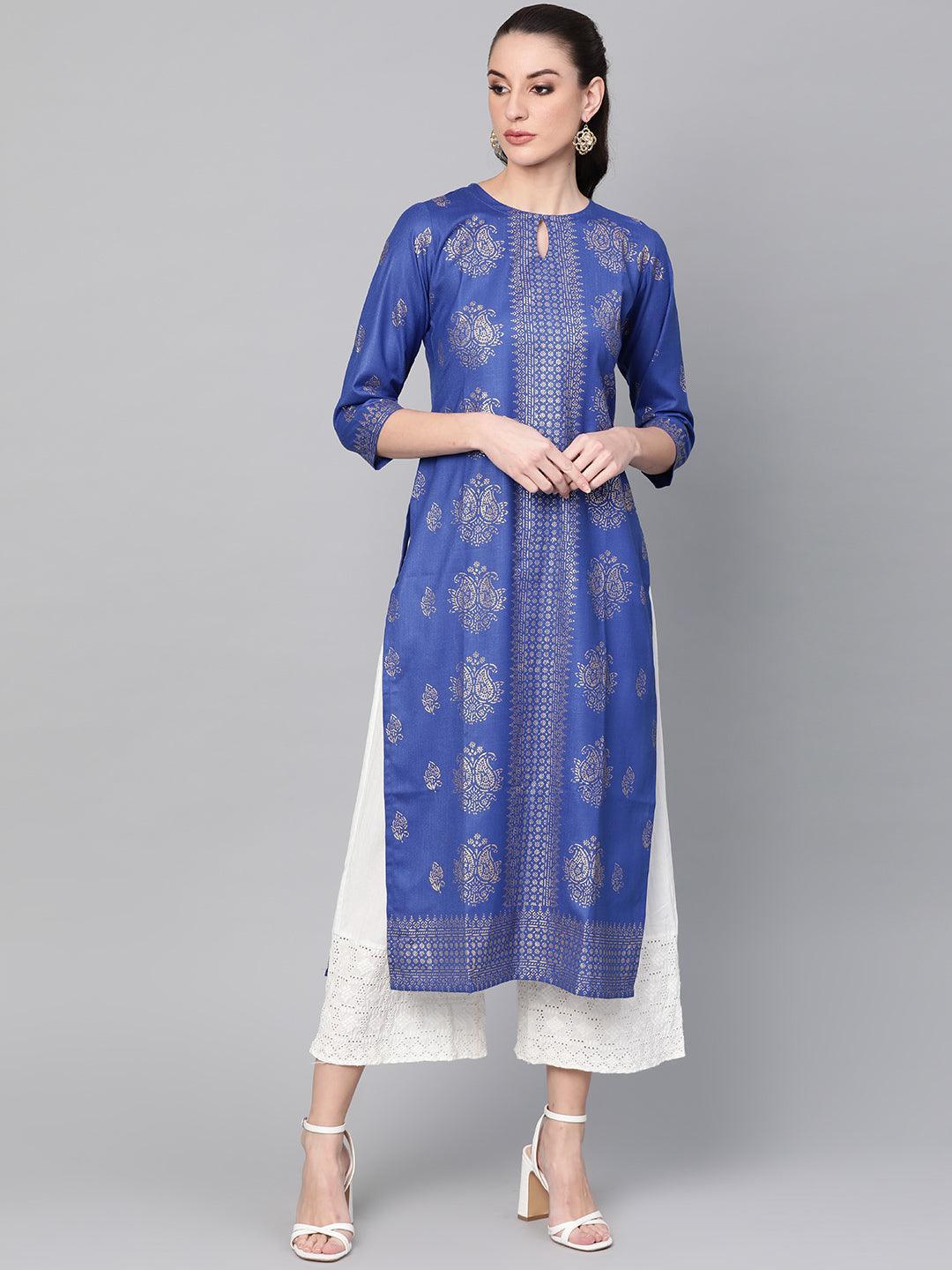 Blue Printed Cotton Kurta - ShopLibas