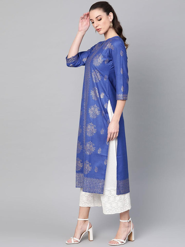 Blue Printed Cotton Kurta - ShopLibas