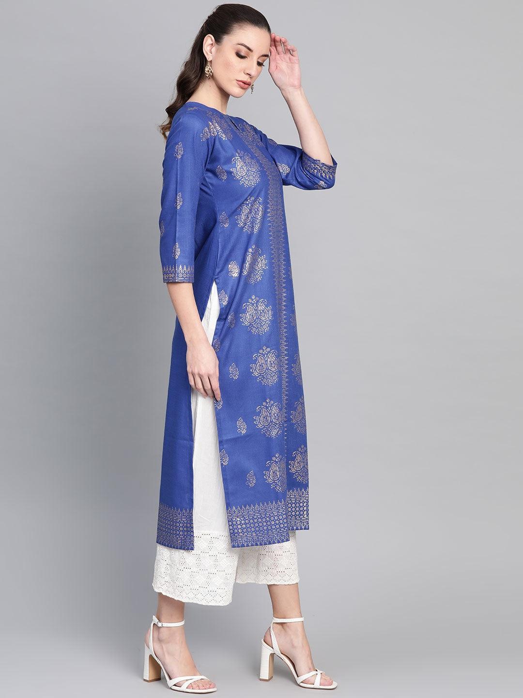 Blue Printed Cotton Kurta - ShopLibas