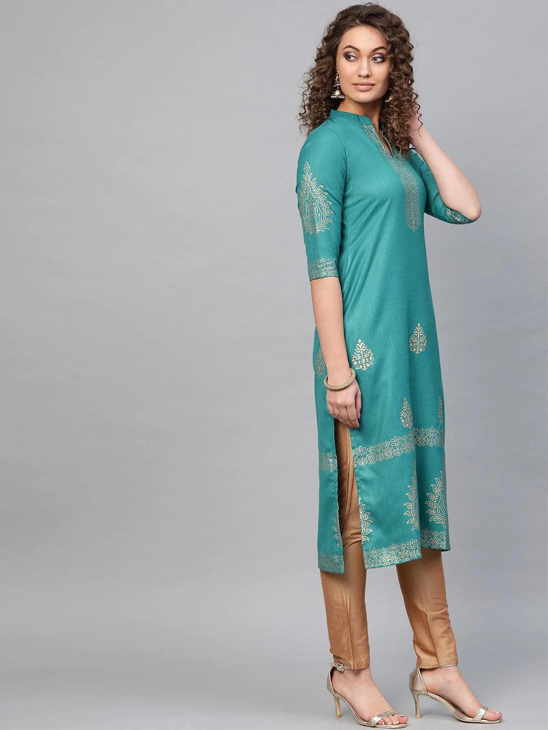 Blue Printed Cotton Kurta - ShopLibas