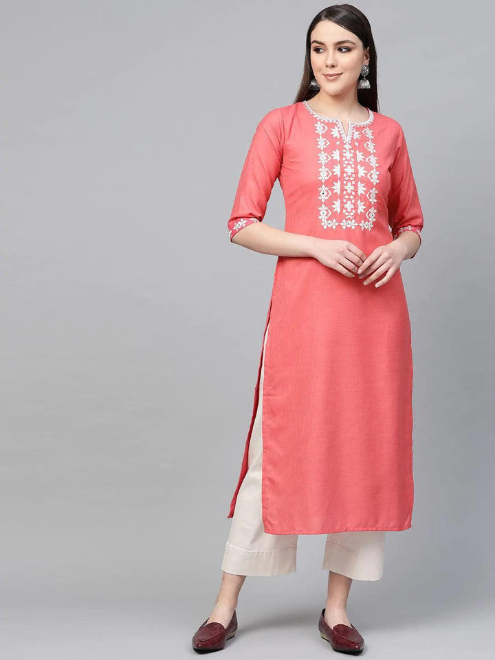 Pink Embroidered Cotton Kurta - ShopLibas