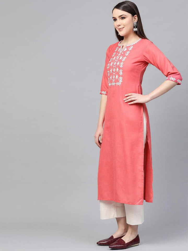 Pink Embroidered Cotton Kurta - ShopLibas