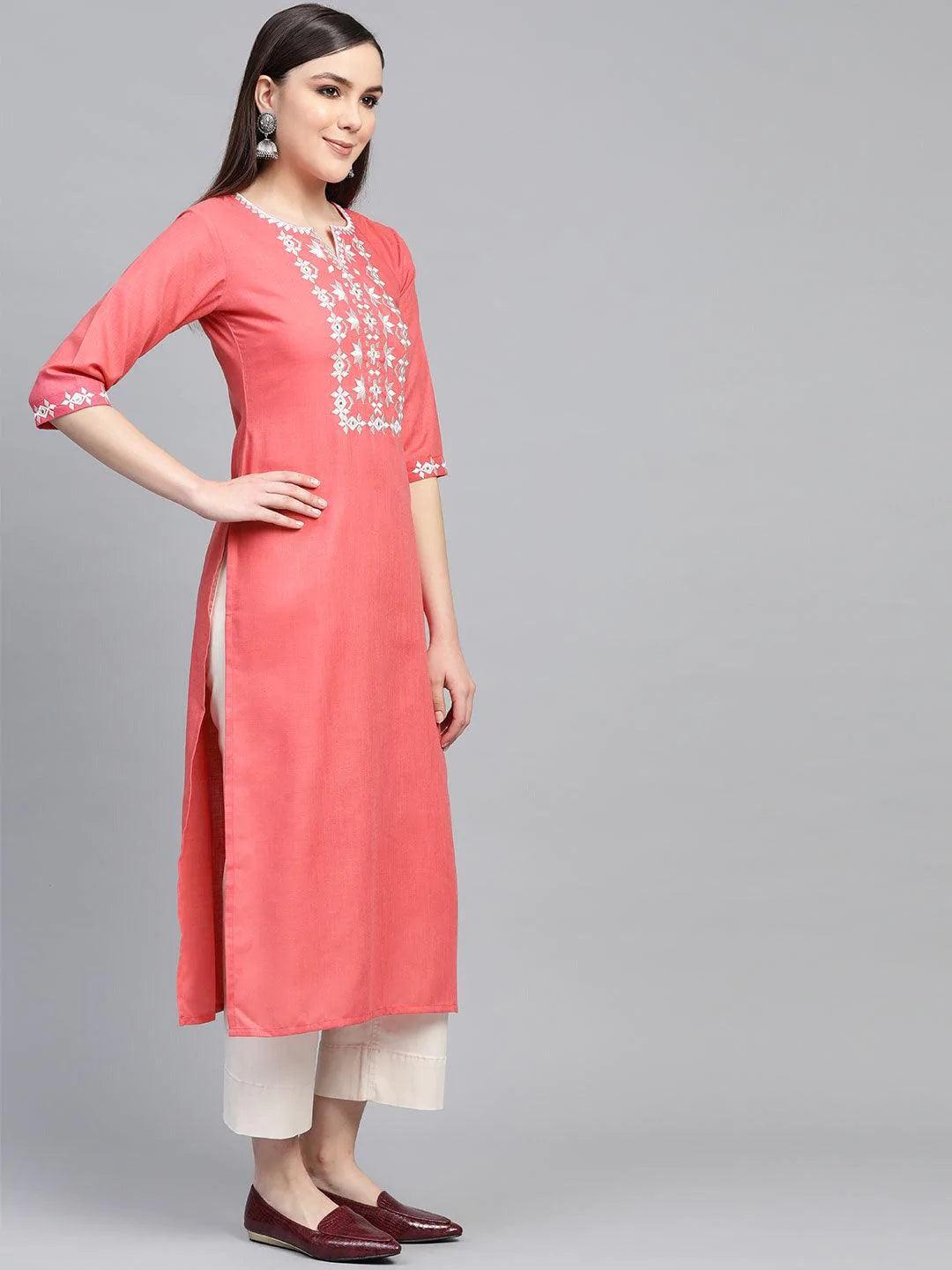 Pink Embroidered Cotton Kurta - ShopLibas