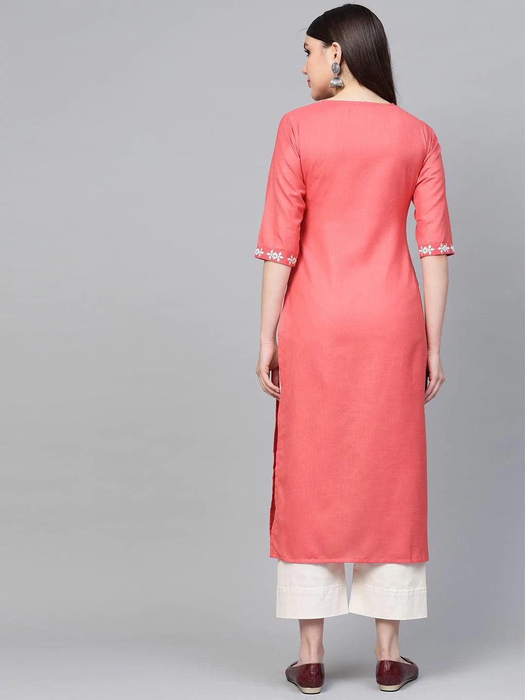 Pink Embroidered Cotton Kurta - ShopLibas