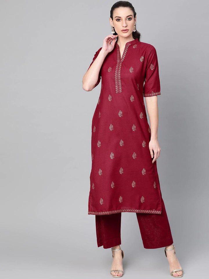 Maroon Printed Cotton Kurta - ShopLibas