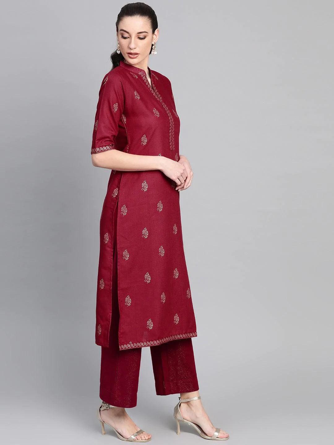 Maroon Printed Cotton Kurta - ShopLibas