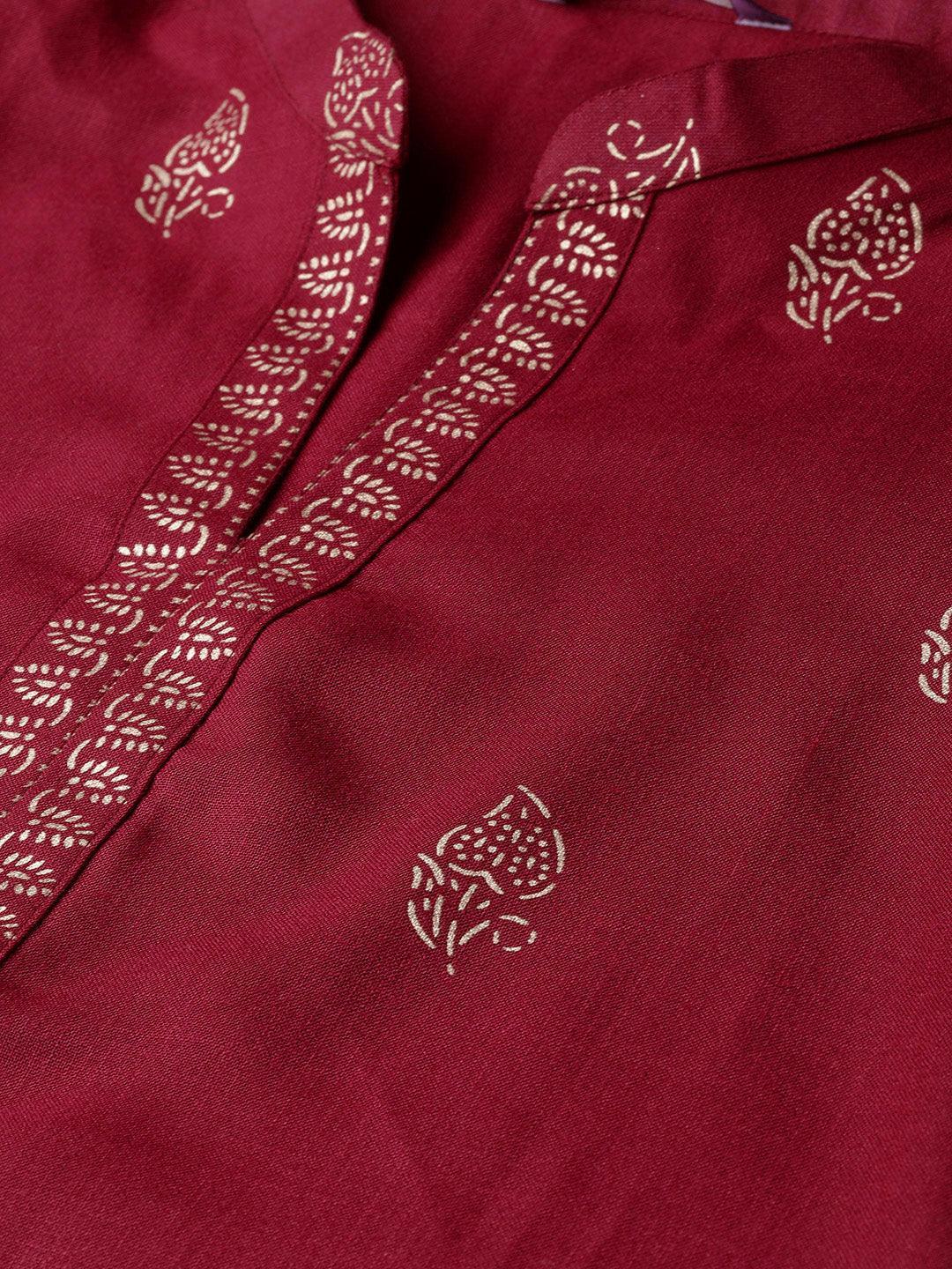 Maroon Printed Cotton Kurta - ShopLibas