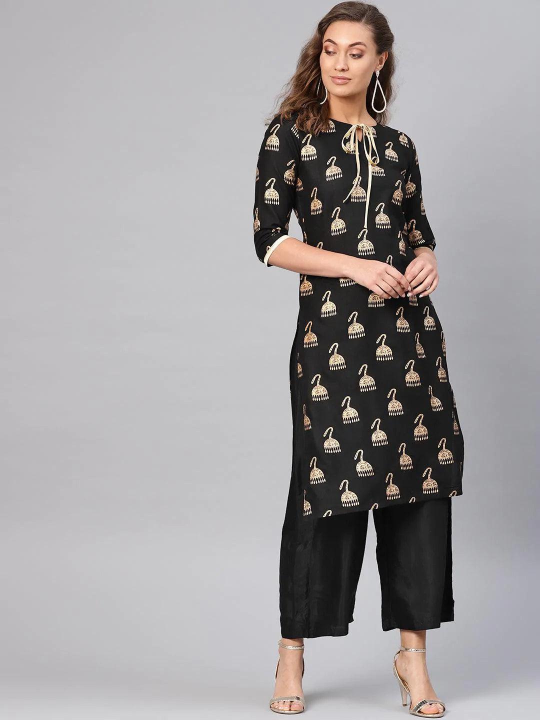 Black Printed Rayon Kurta