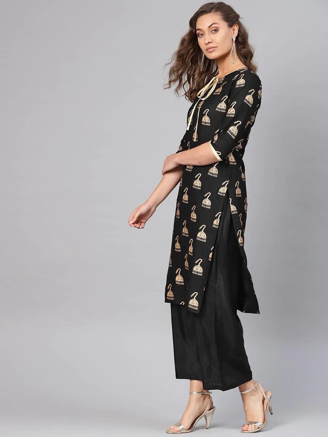 Black Printed Rayon Kurta