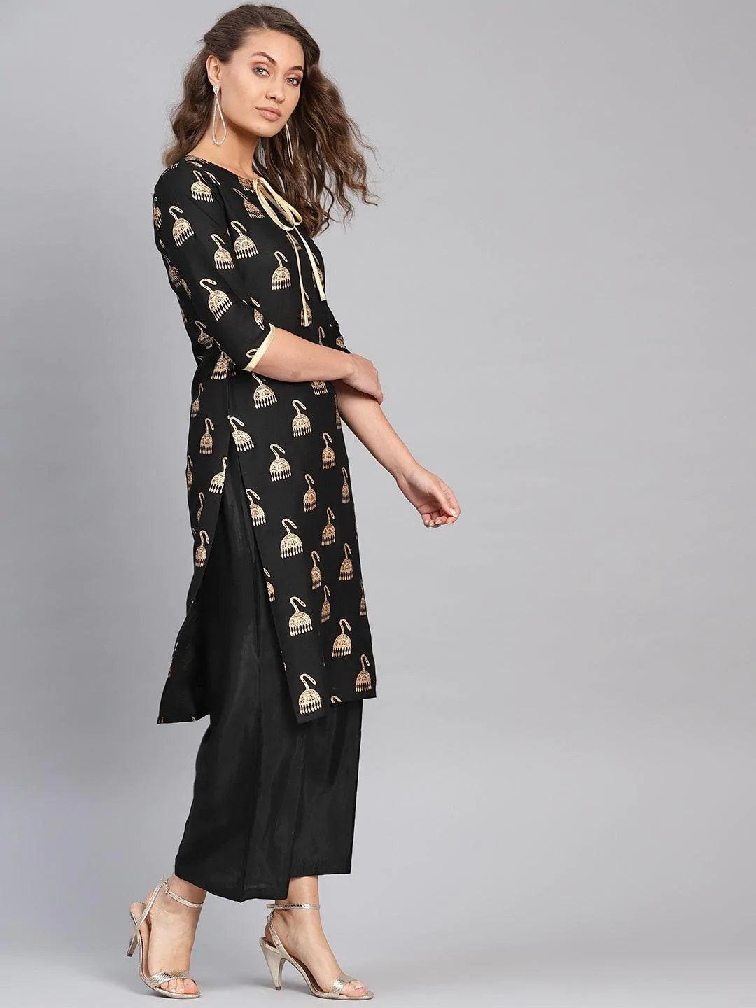 Black Printed Rayon Kurta