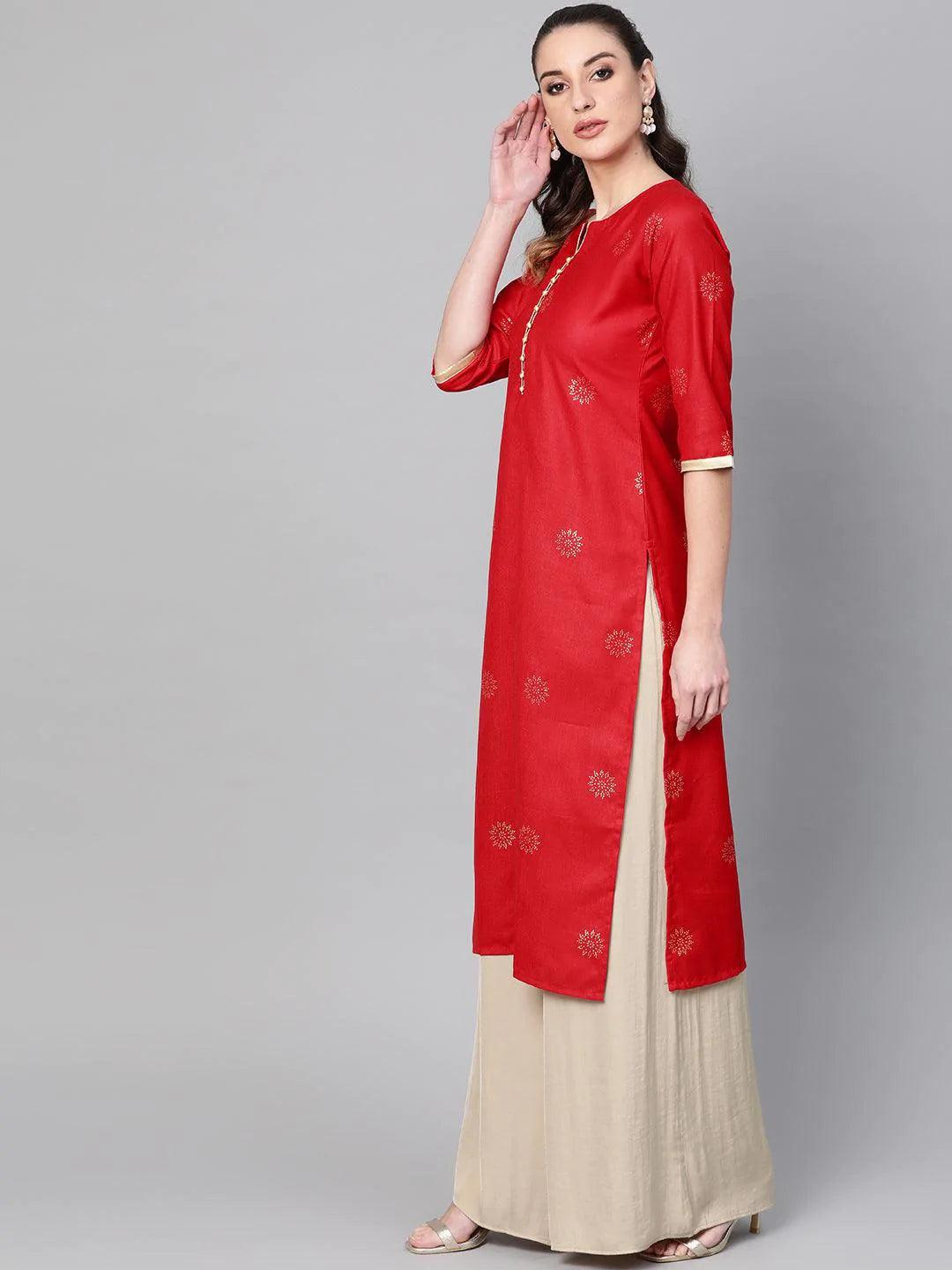 Red Printed Cotton Kurta - ShopLibas