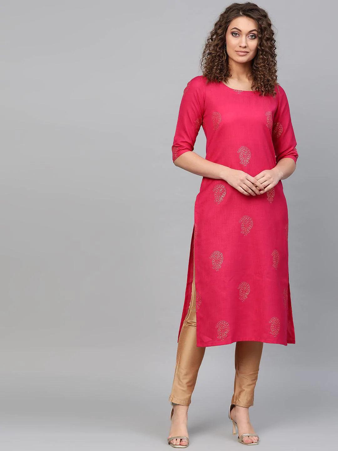 Pink Printed Cotton Kurta - ShopLibas