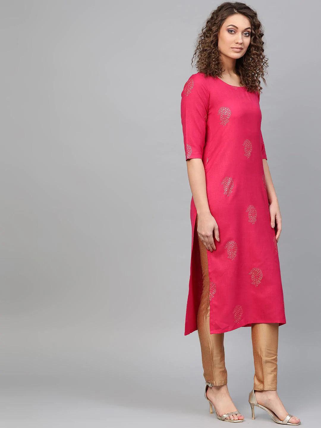 Pink Printed Cotton Kurta - ShopLibas