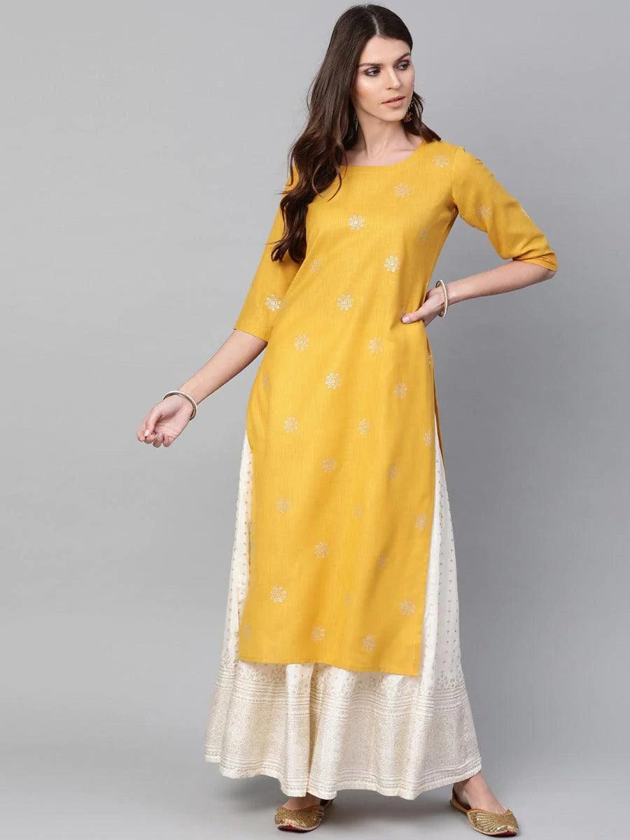 Mustard Printed Cotton Kurta