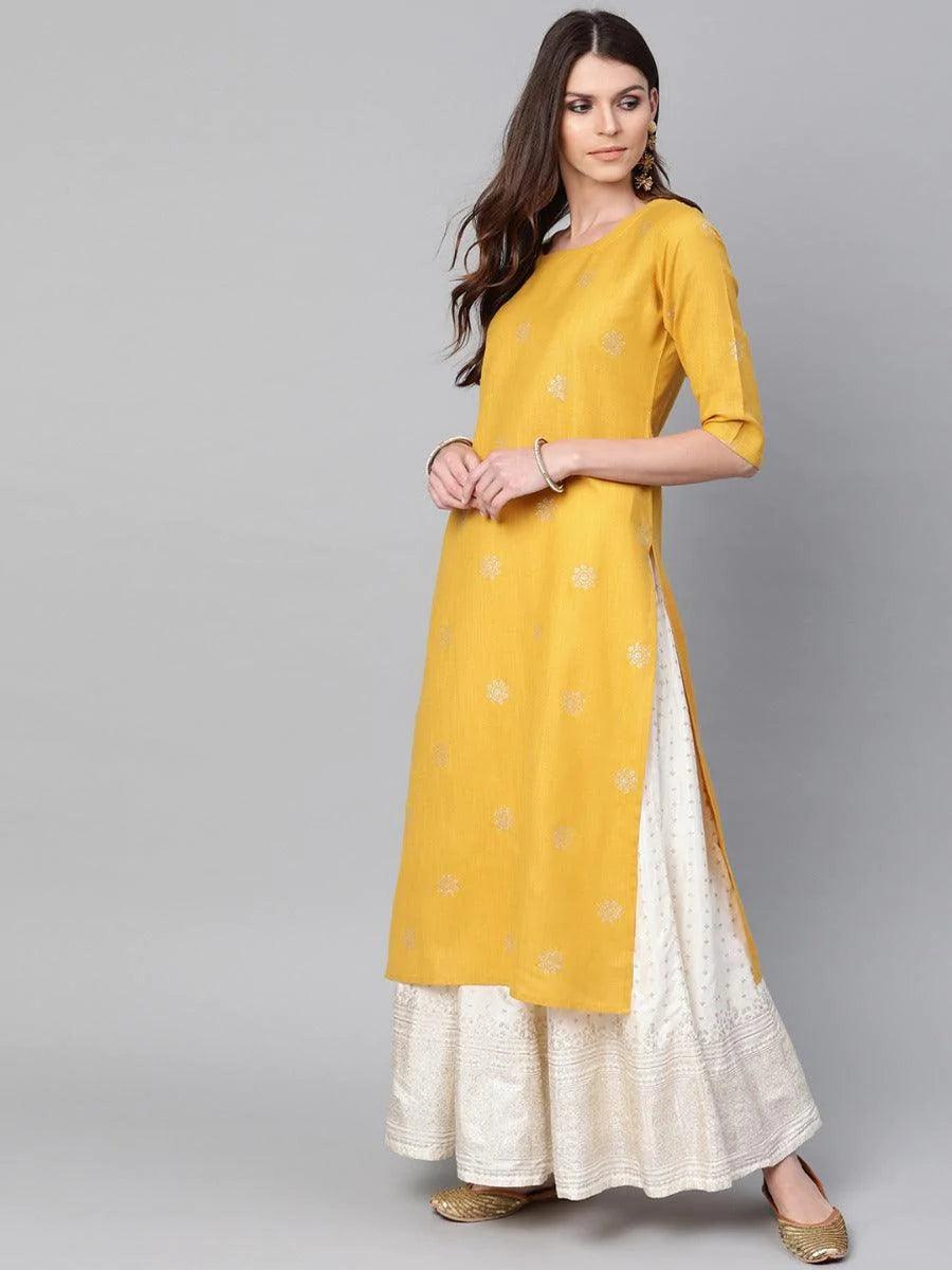 Mustard Printed Cotton Kurta