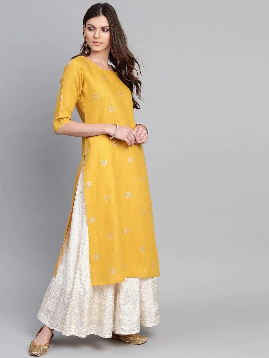 Mustard Printed Cotton Kurta