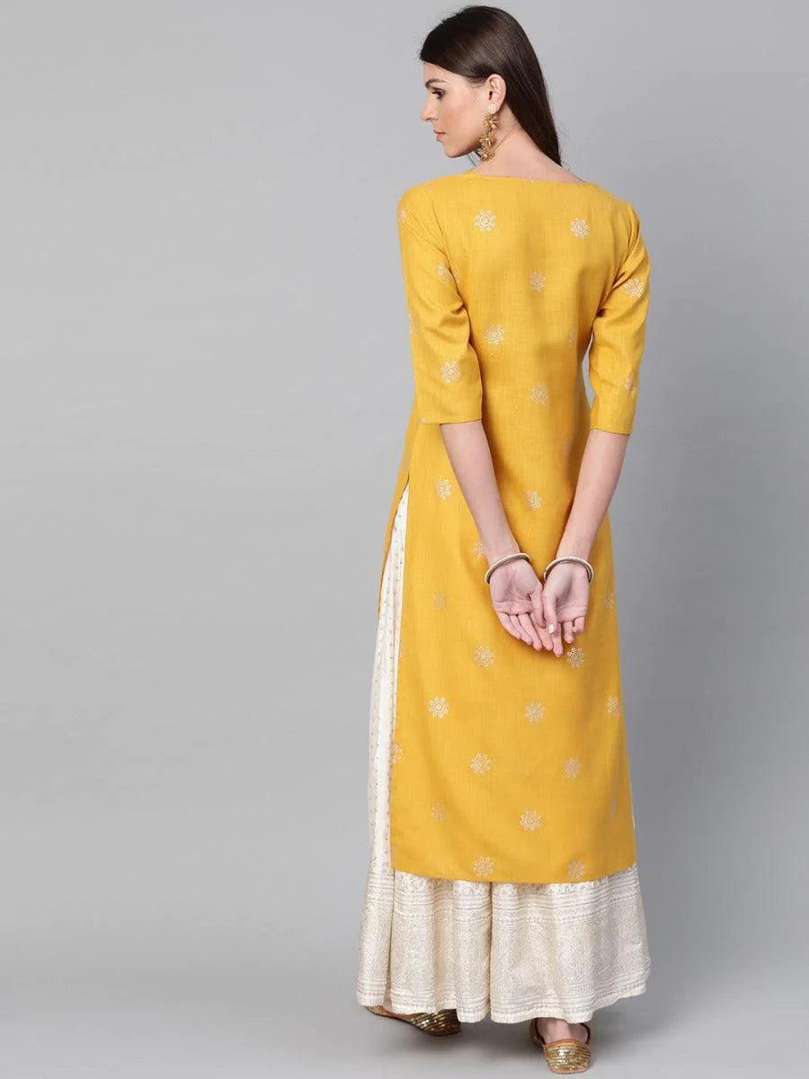 Mustard Printed Cotton Kurta