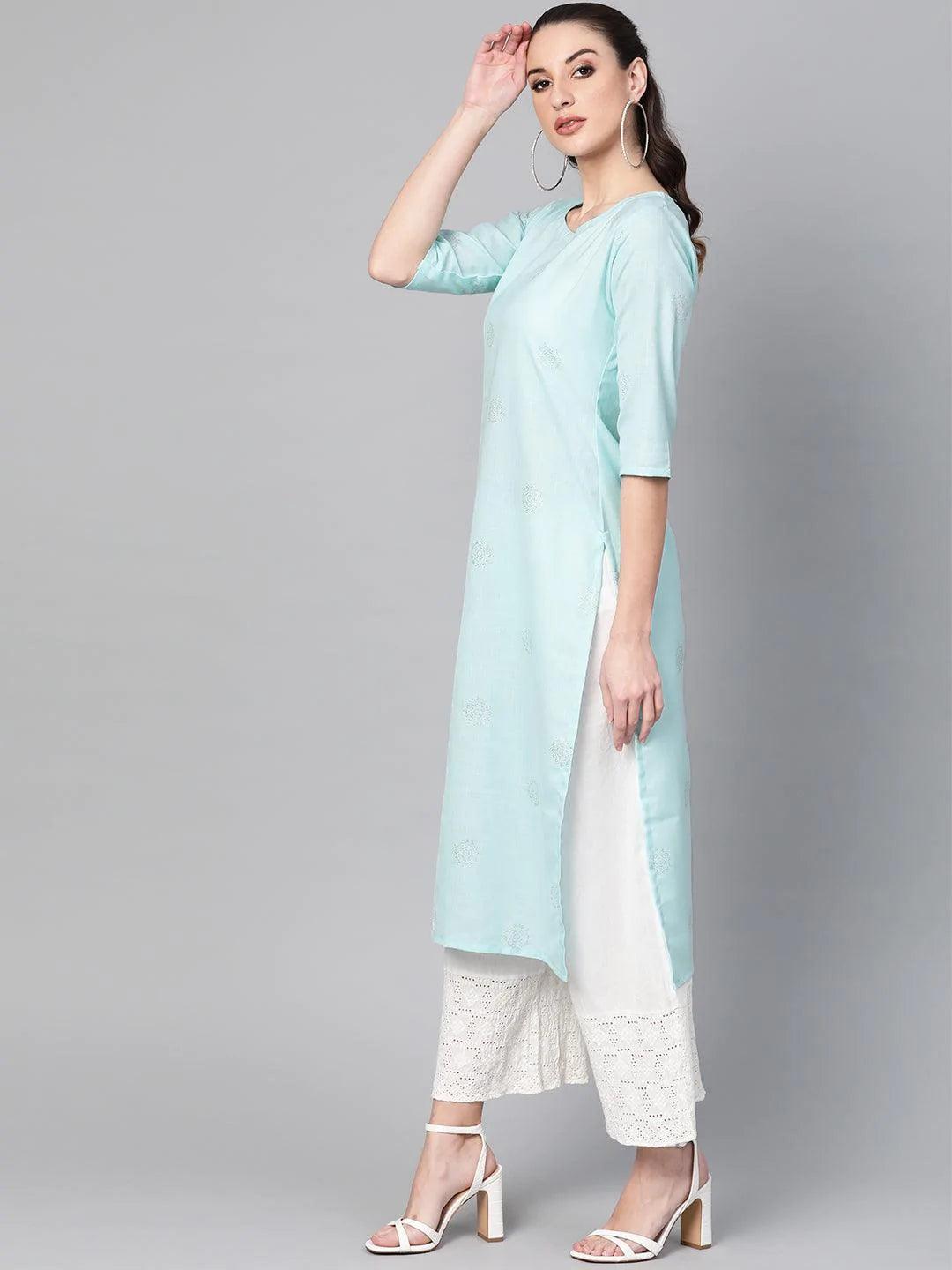 Blue Printed Cotton Kurta - ShopLibas