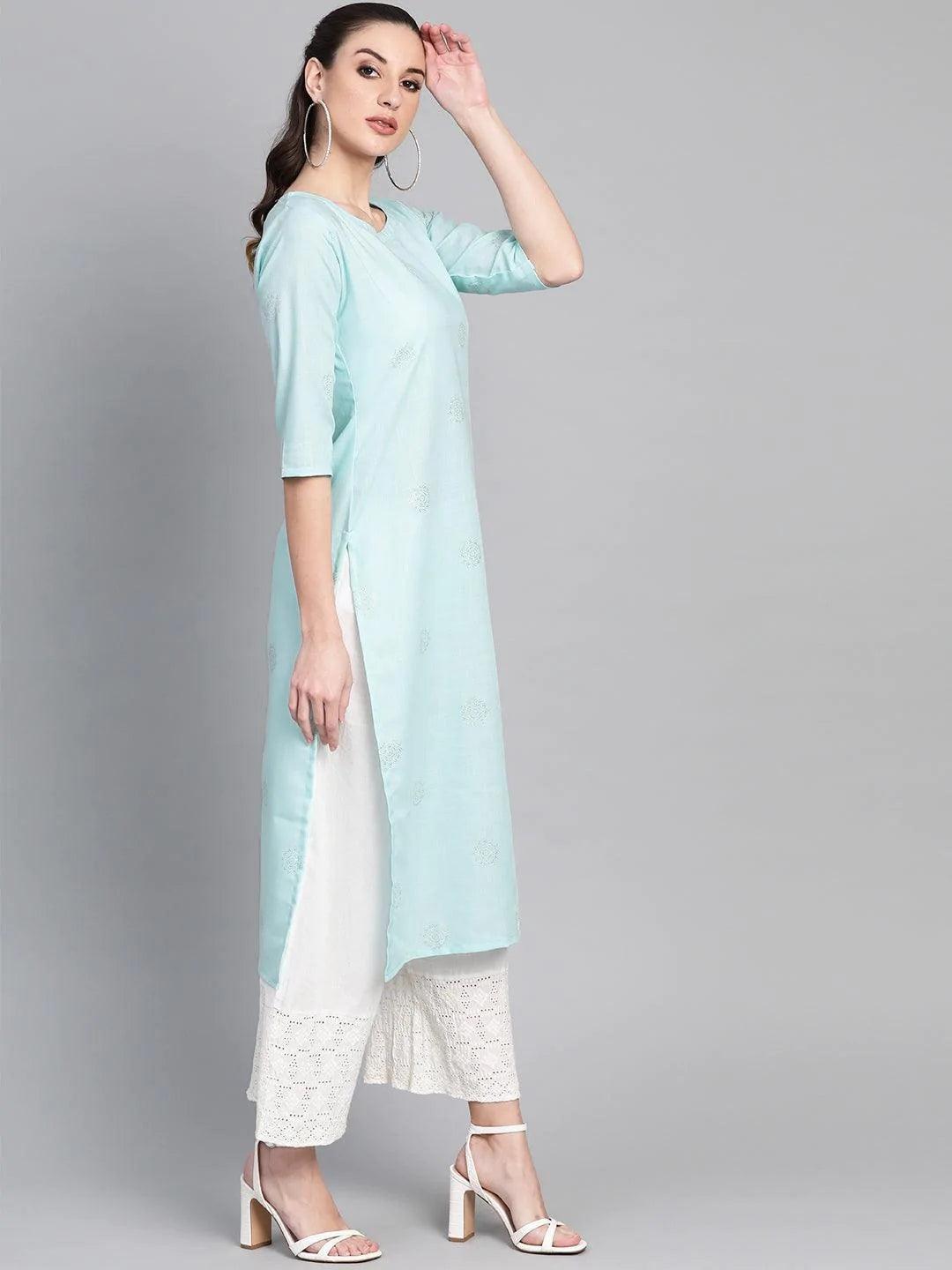 Blue Printed Cotton Kurta - ShopLibas