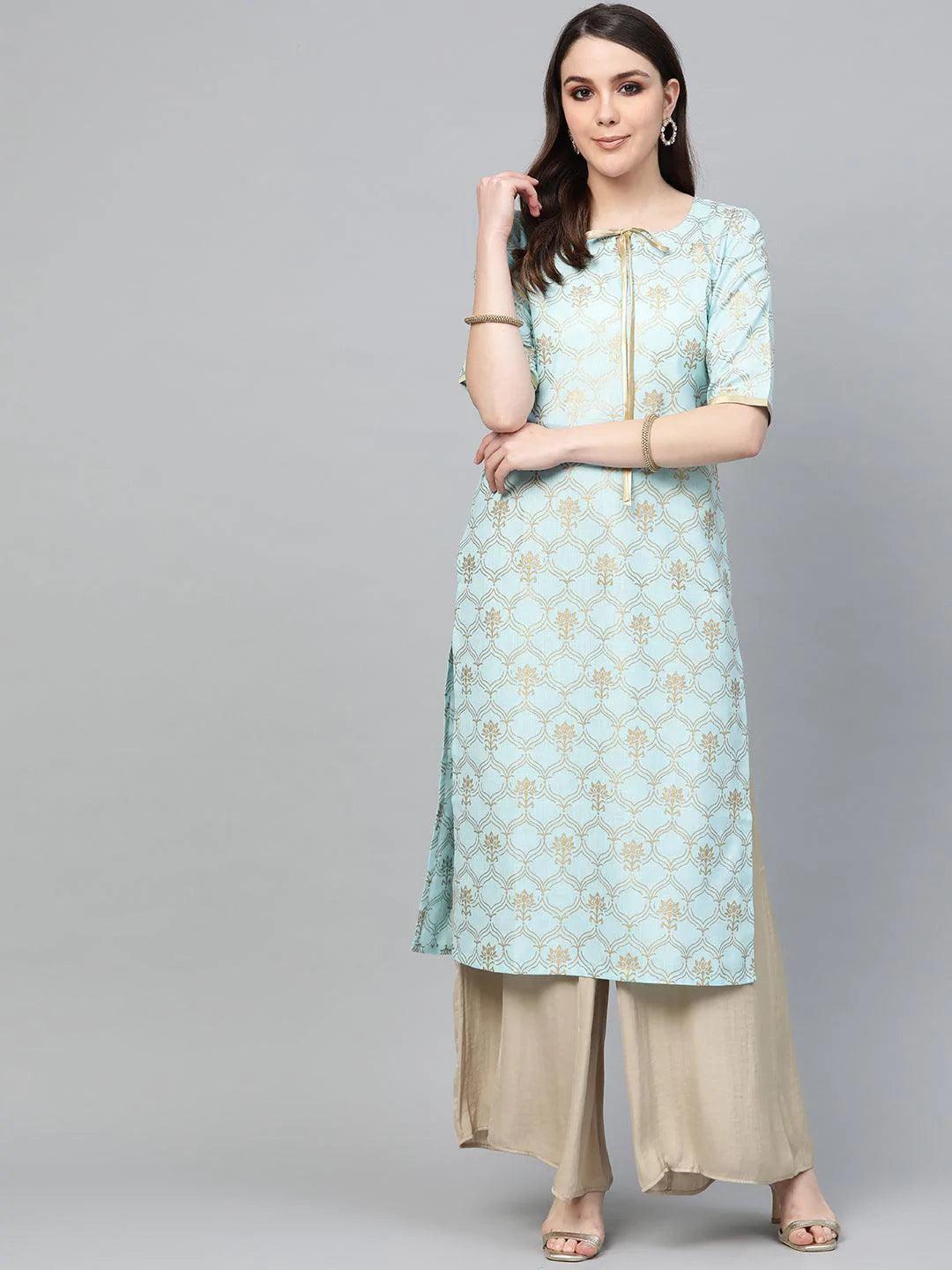 Blue Printed Cotton Kurta - ShopLibas