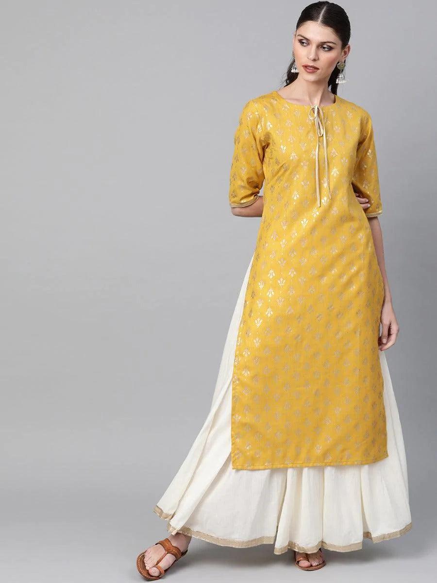 Mustard Printed Cotton Kurta