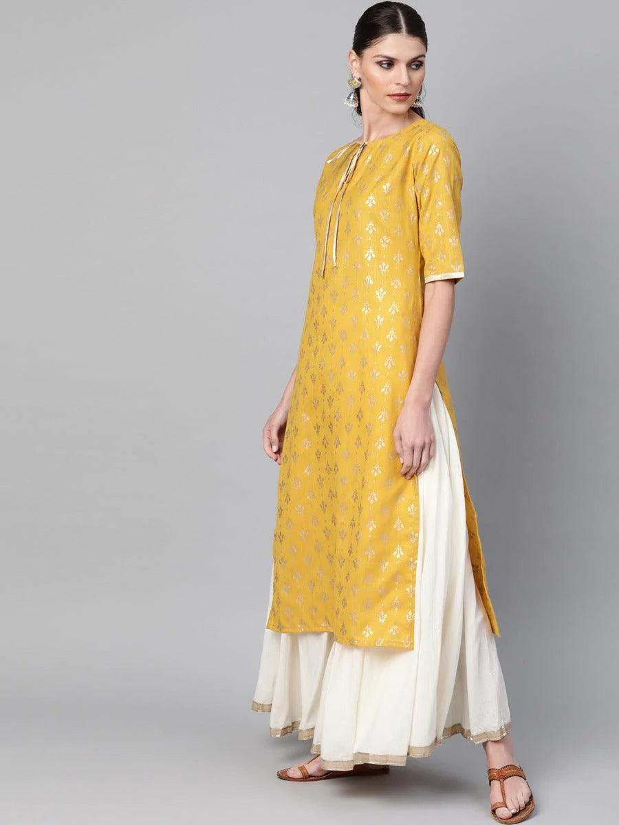 Mustard Printed Cotton Kurta