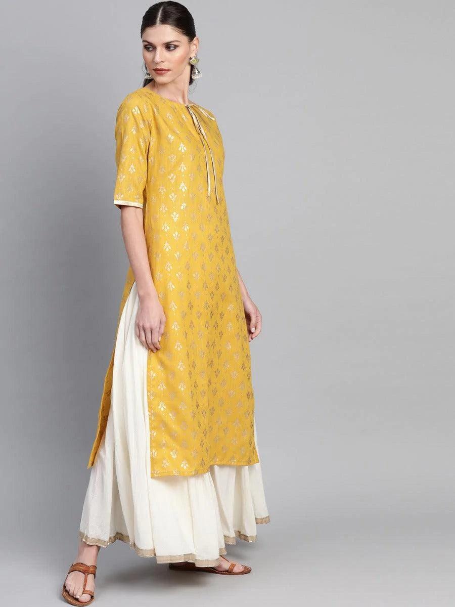 Mustard Printed Cotton Kurta