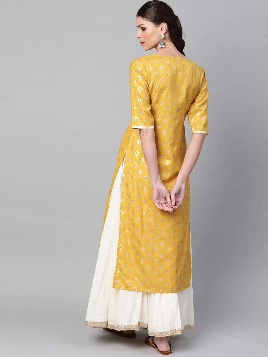 Mustard Printed Cotton Kurta