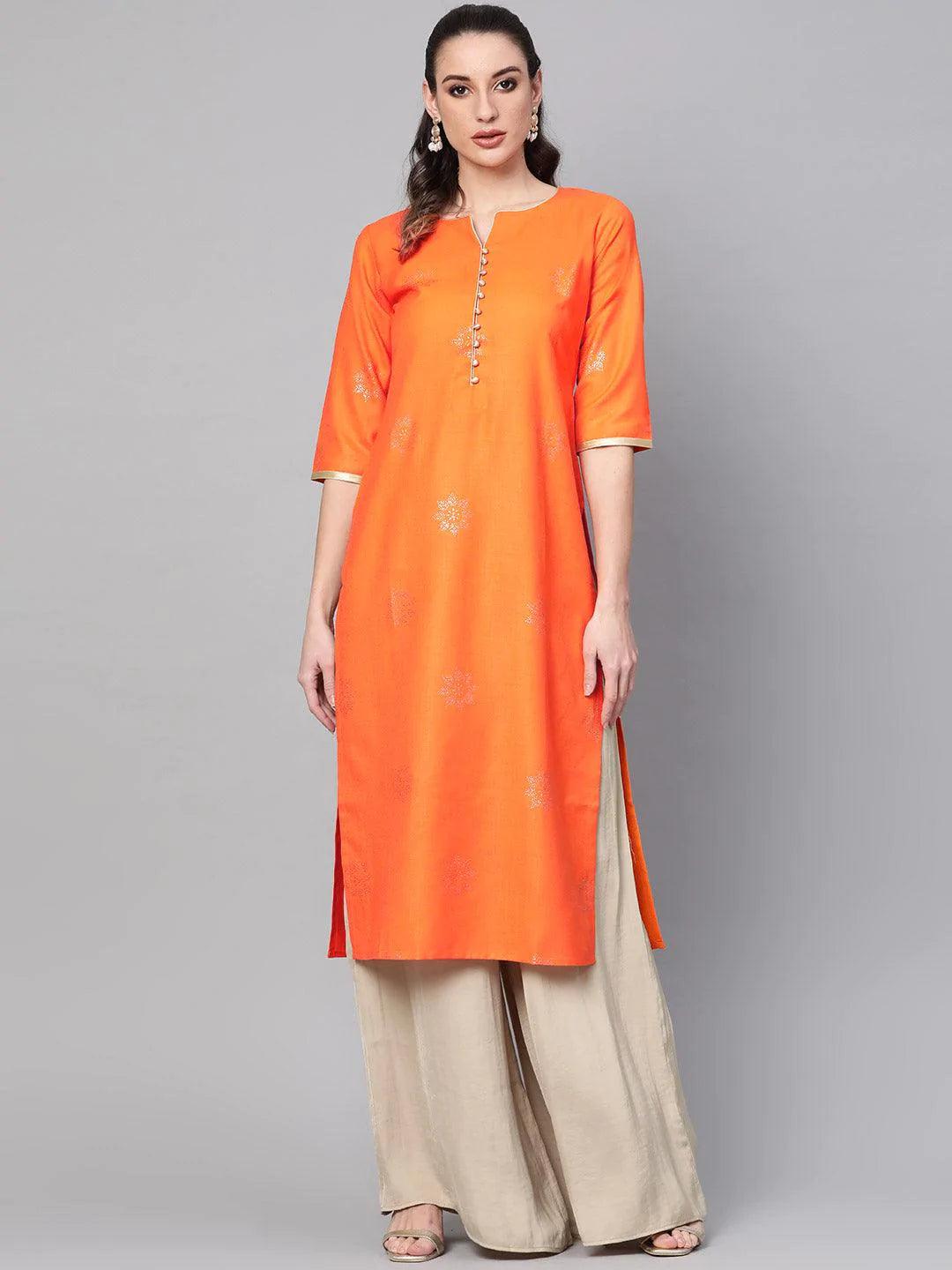 Orange Printed Cotton Kurta - ShopLibas