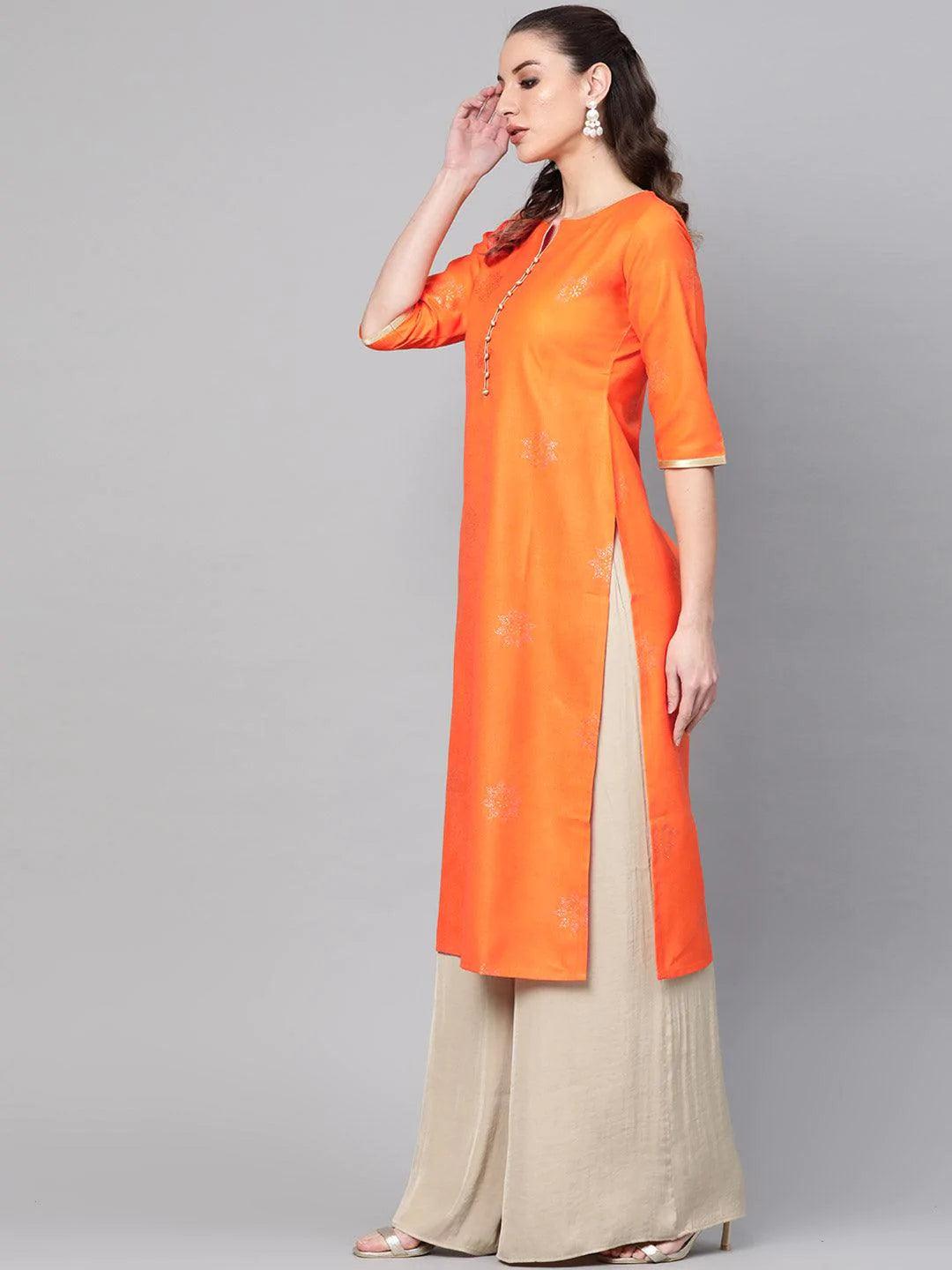 Orange Printed Cotton Kurta - ShopLibas