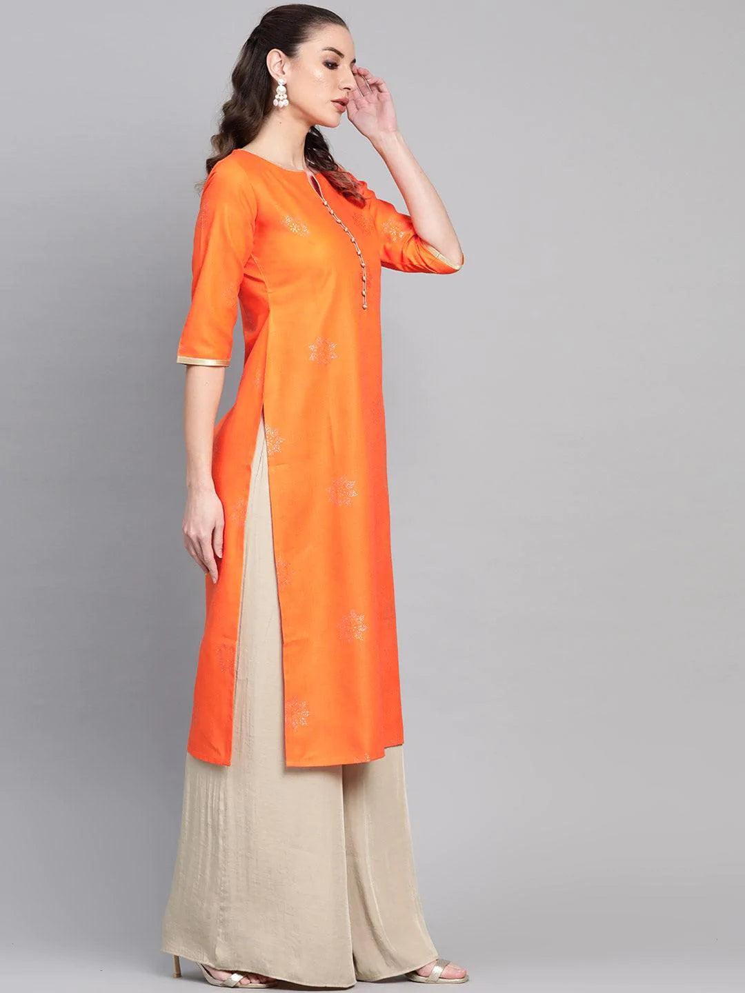 Orange Printed Cotton Kurta - ShopLibas