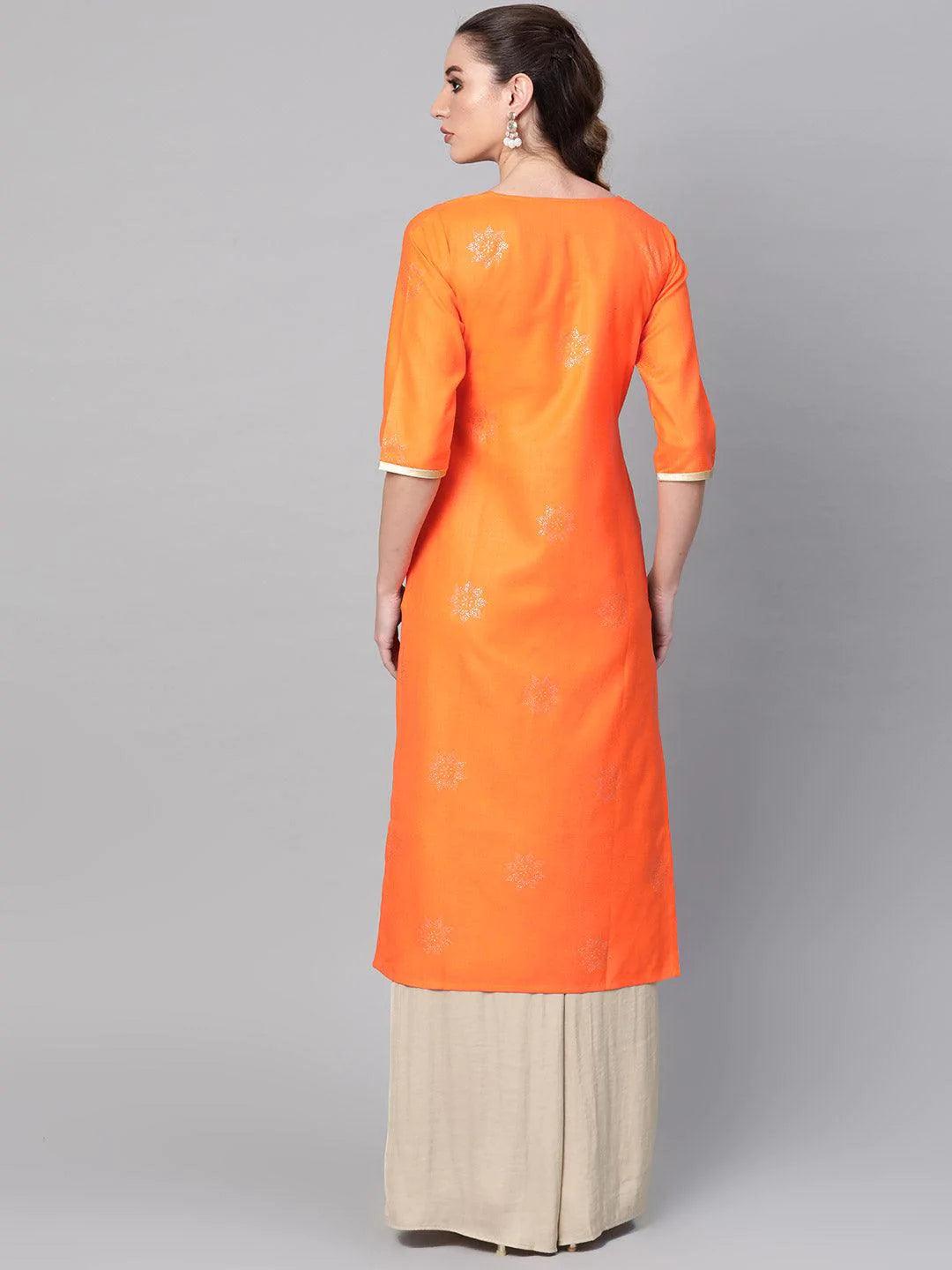 Orange Printed Cotton Kurta - ShopLibas