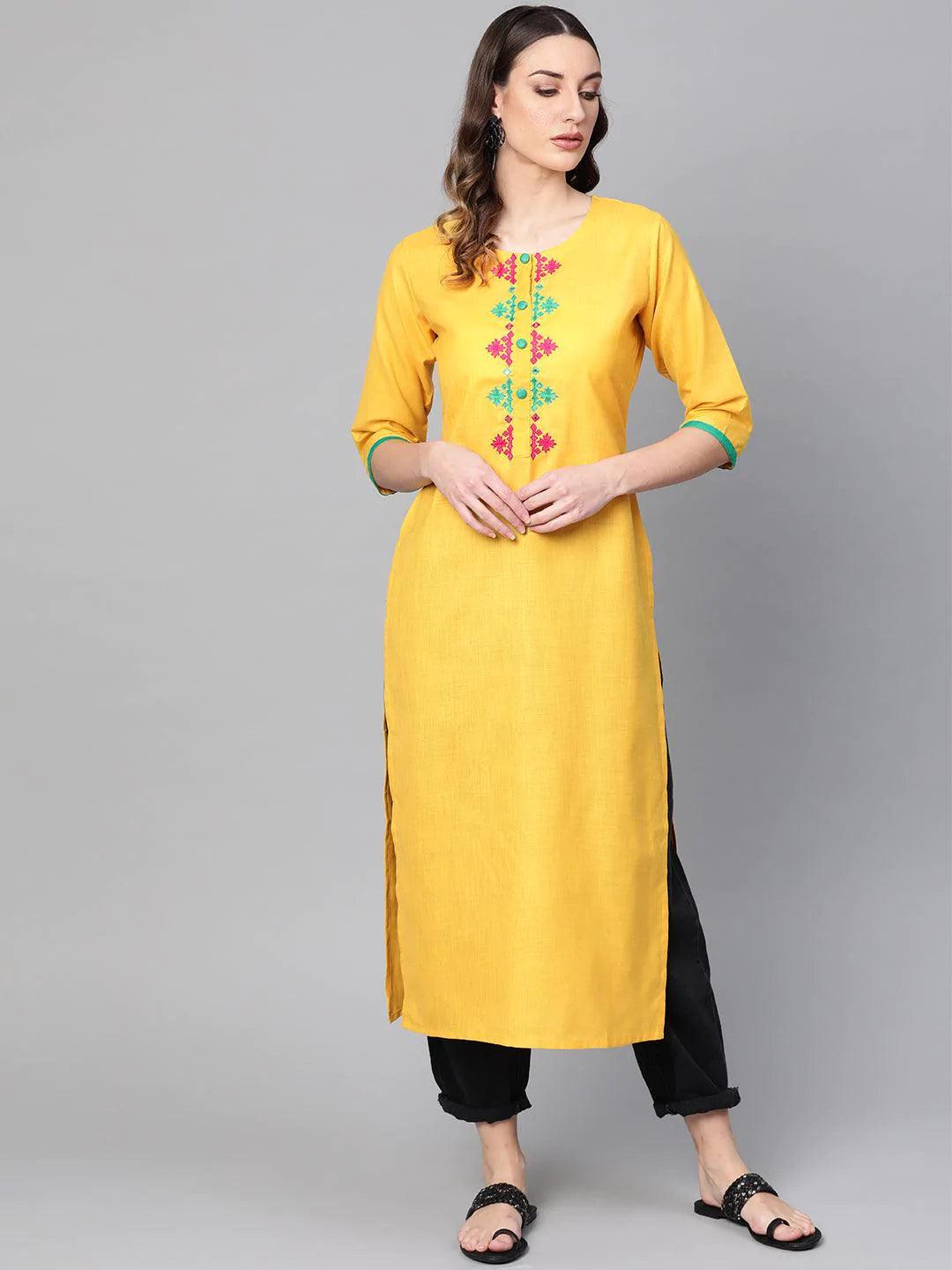 Yellow Embroidered Cotton Kurta - ShopLibas