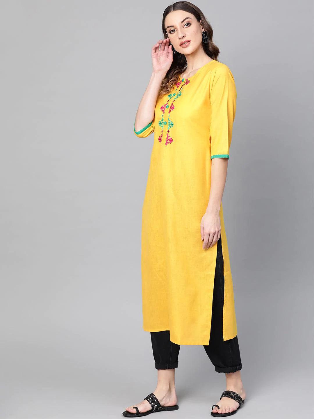 Yellow Embroidered Cotton Kurta - ShopLibas