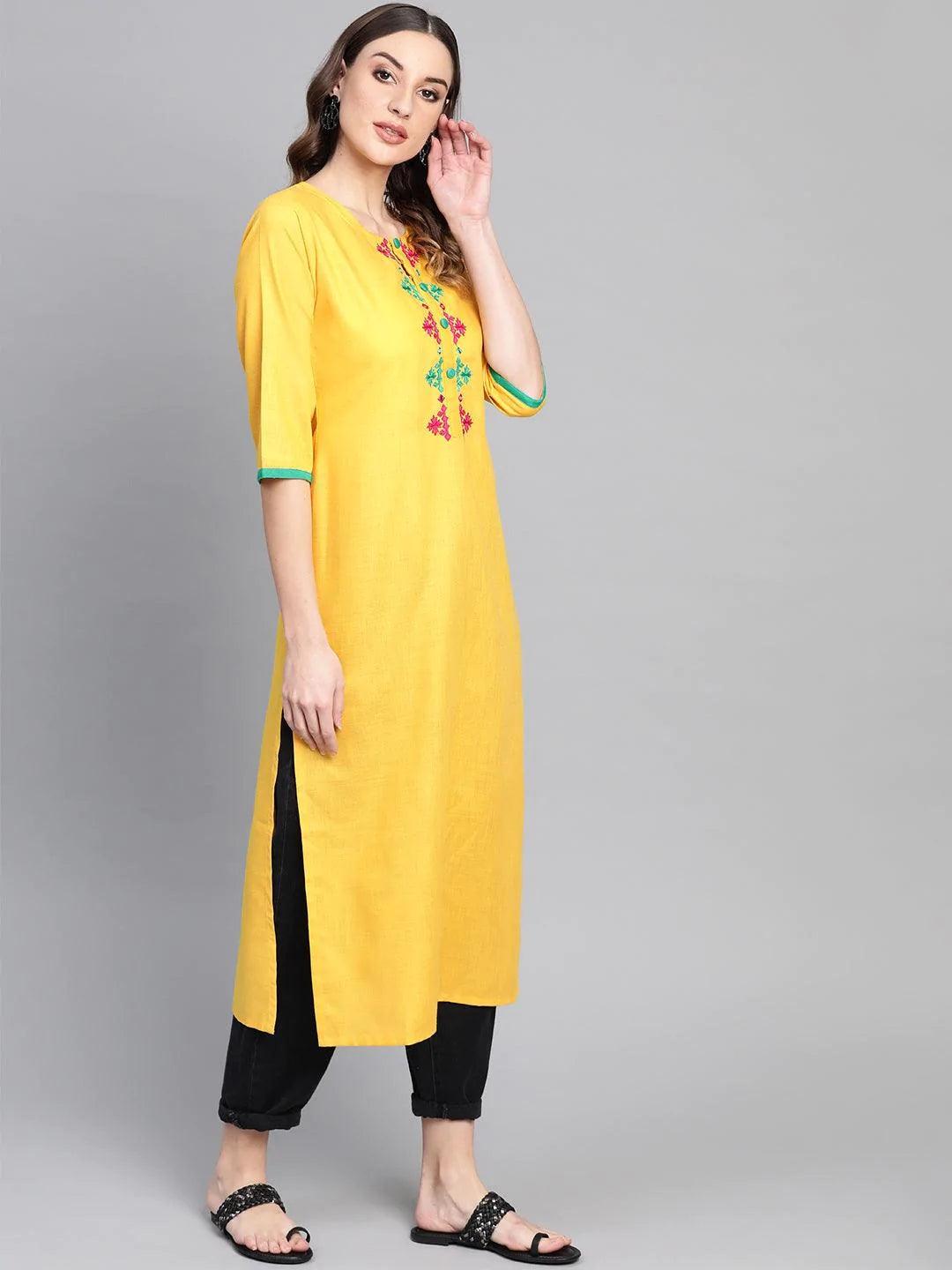 Yellow Embroidered Cotton Kurta - ShopLibas