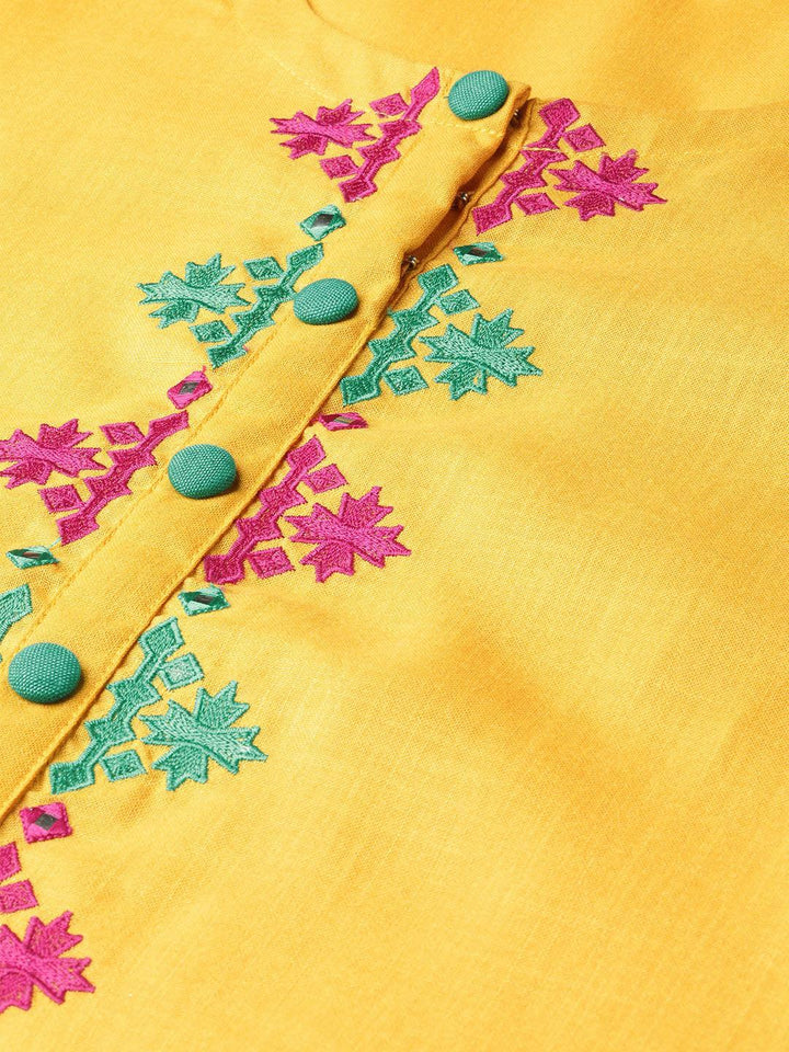 Yellow Embroidered Cotton Kurta - ShopLibas