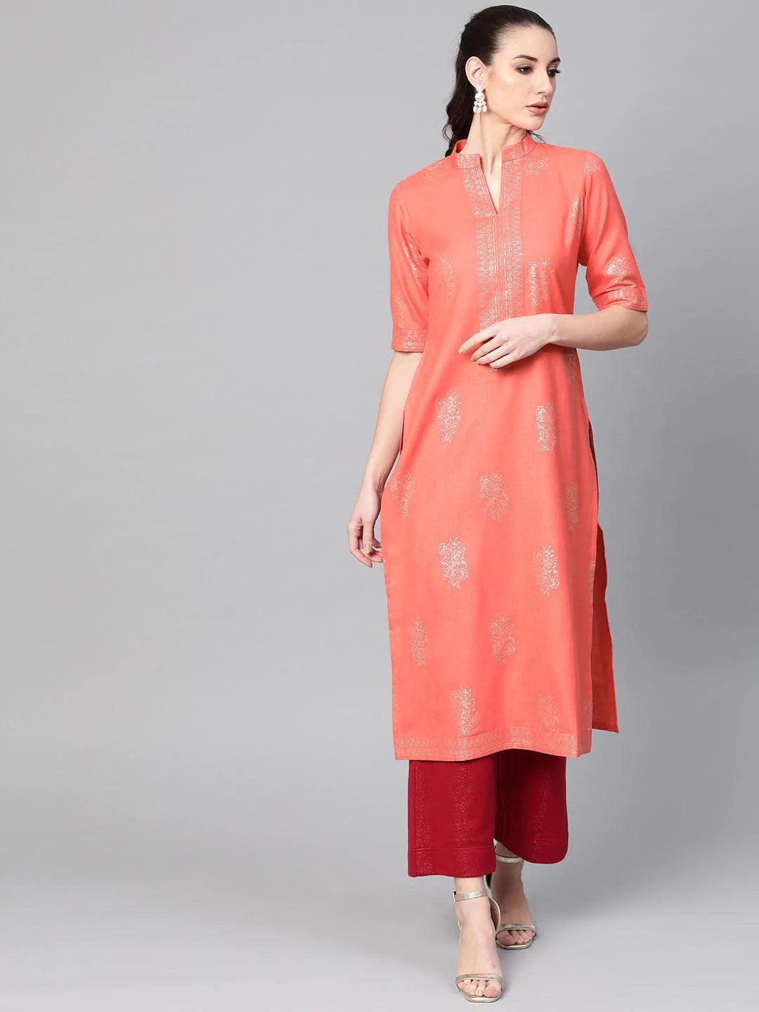 Peach Printed Cotton Kurta