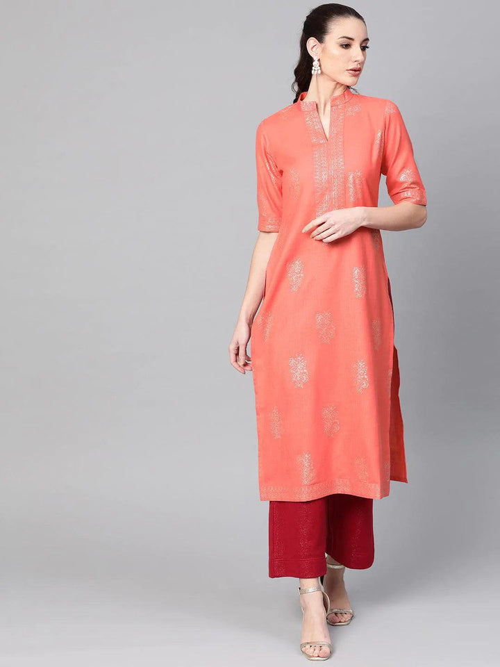 Peach Printed Cotton Kurta - ShopLibas