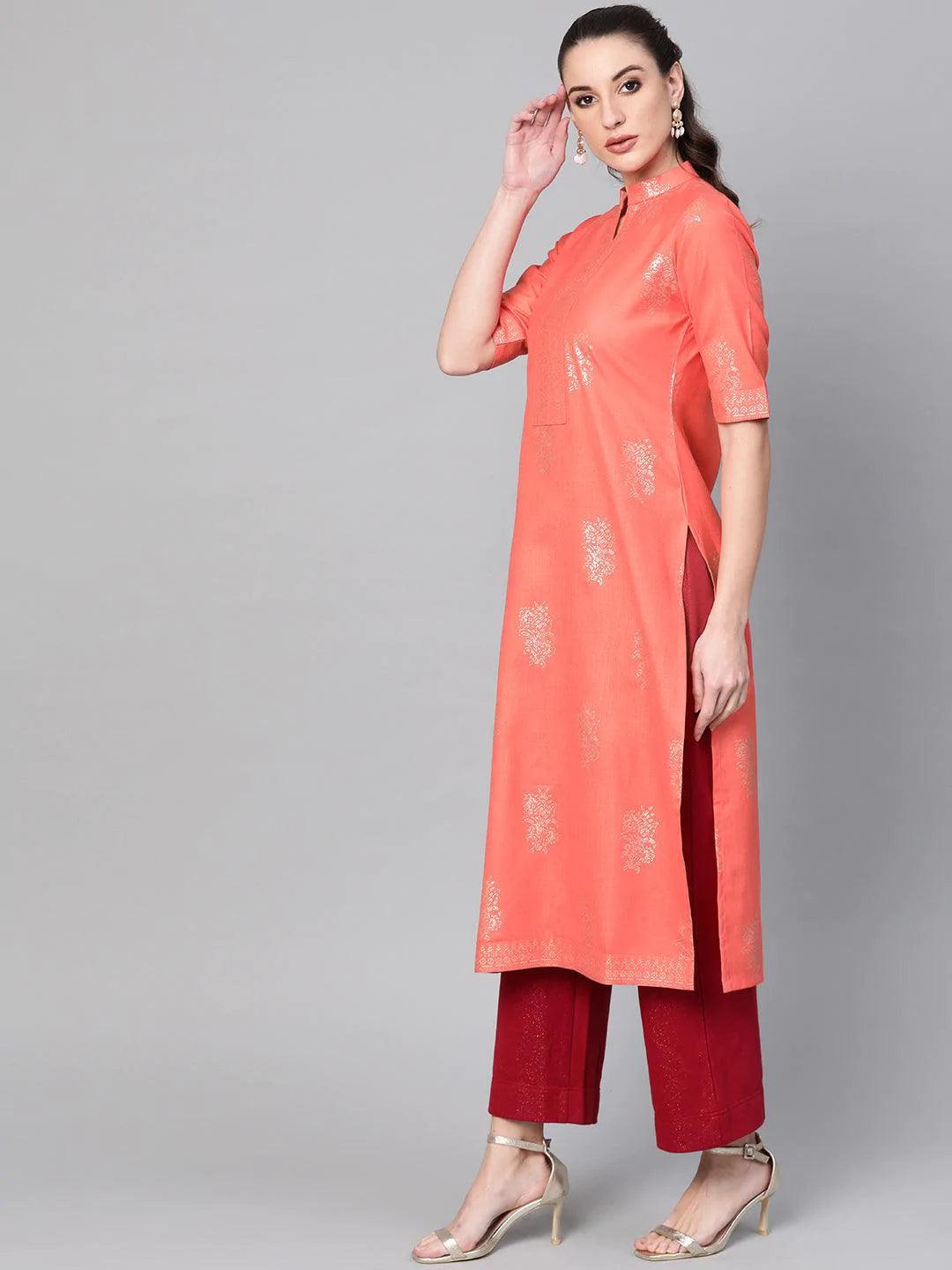 Peach Printed Cotton Kurta