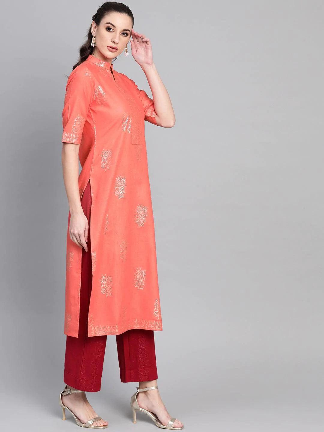 Peach Printed Cotton Kurta - ShopLibas