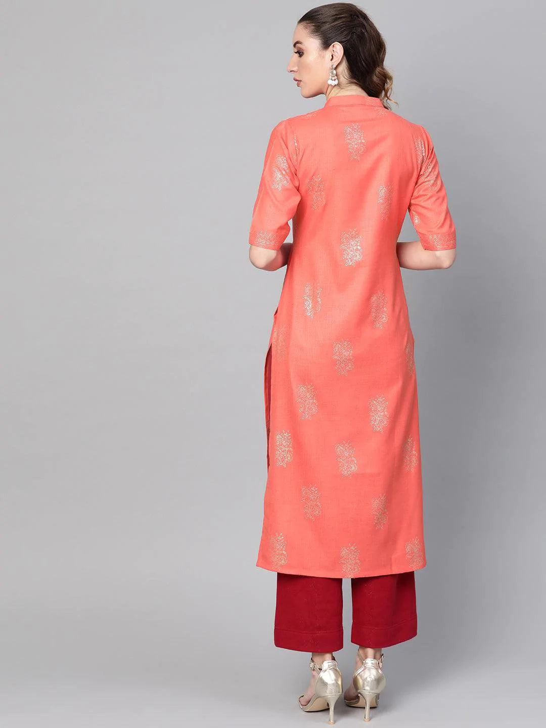 Peach Printed Cotton Kurta