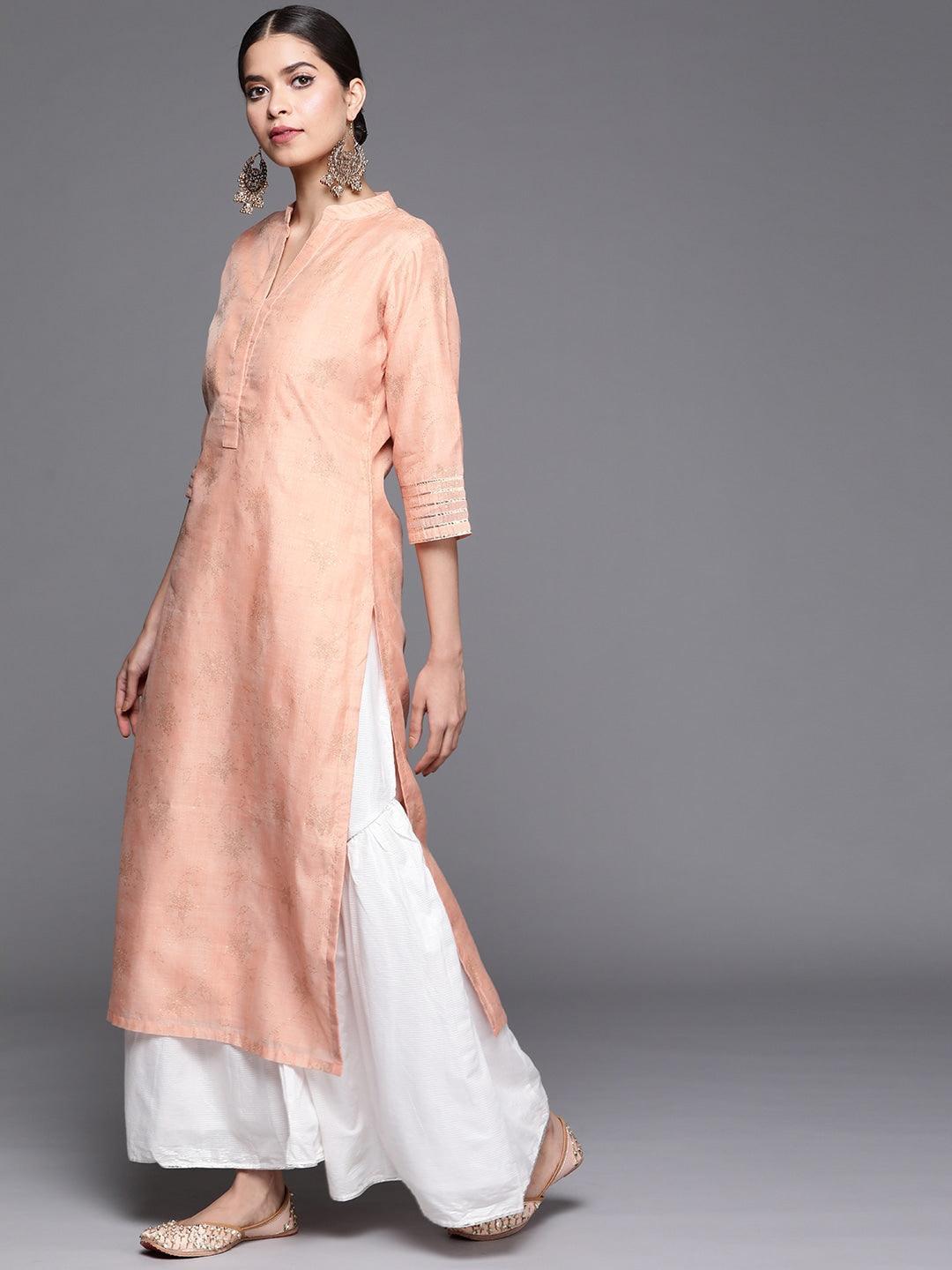 Peach Printed Chanderi Silk Kurta