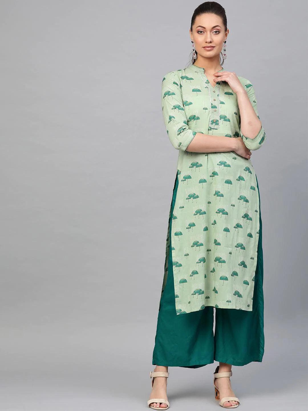 Green Printed Cotton Kurta