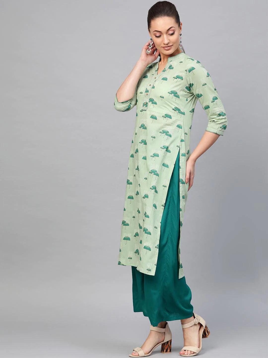 Green Printed Cotton Kurta