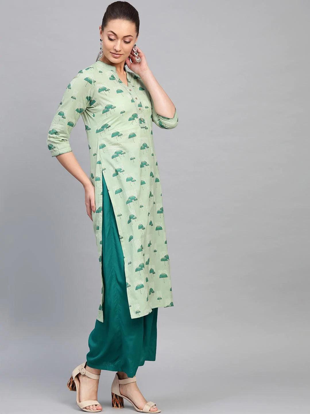 Green Printed Cotton Kurta