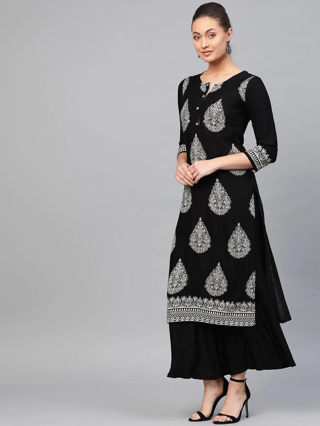 Black Printed Rayon Kurta - ShopLibas