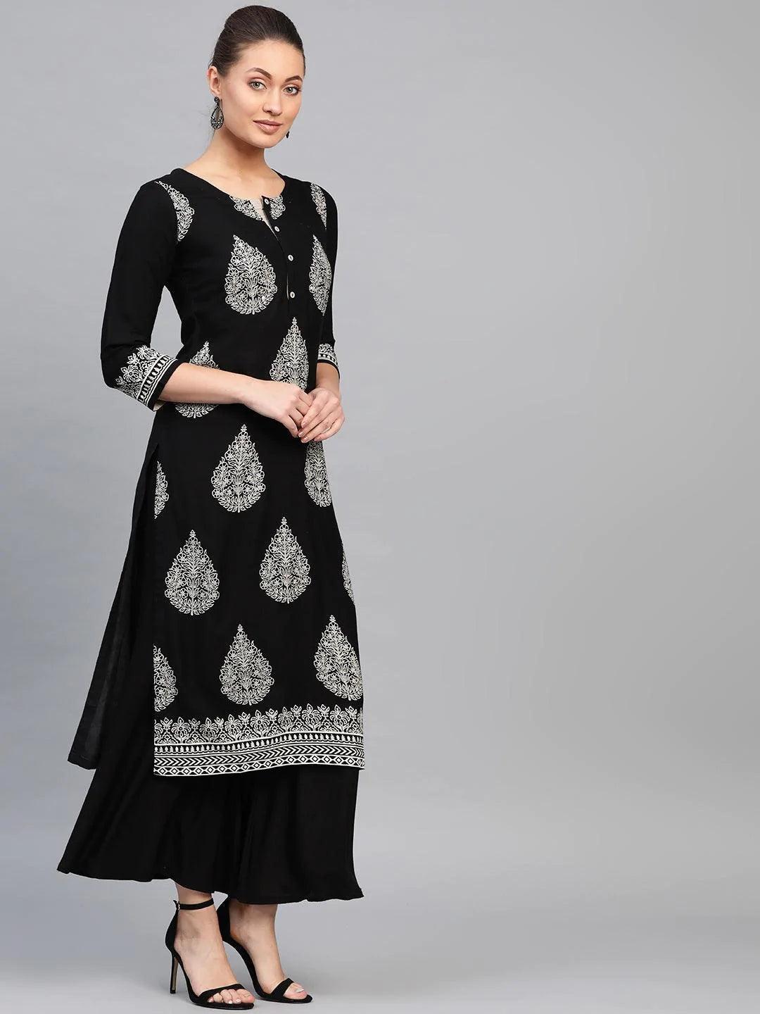 Black Printed Rayon Kurta - ShopLibas